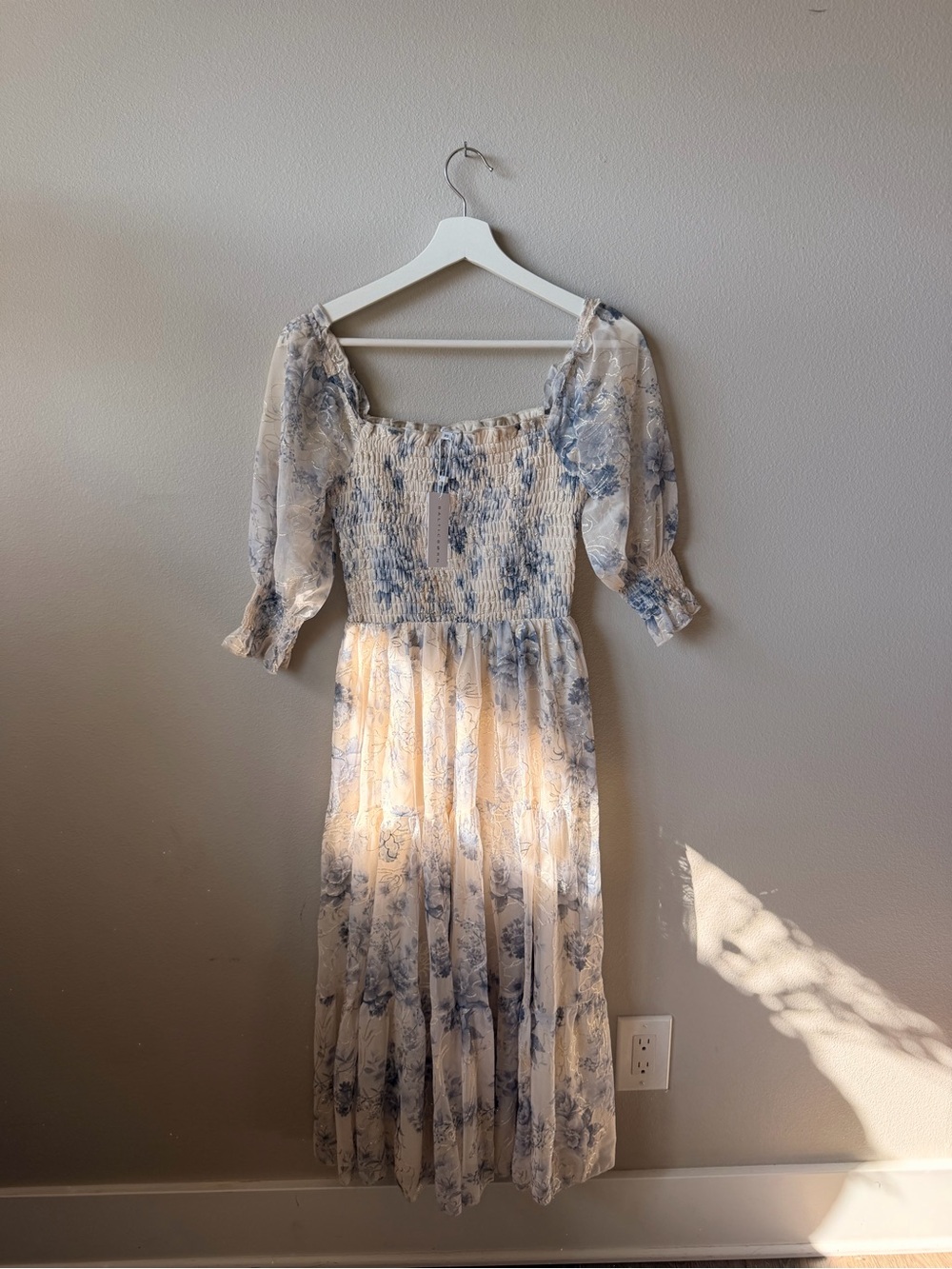 Baltic Borne Smocked Square-Neck Floral Midi Dress in Cream and Blue